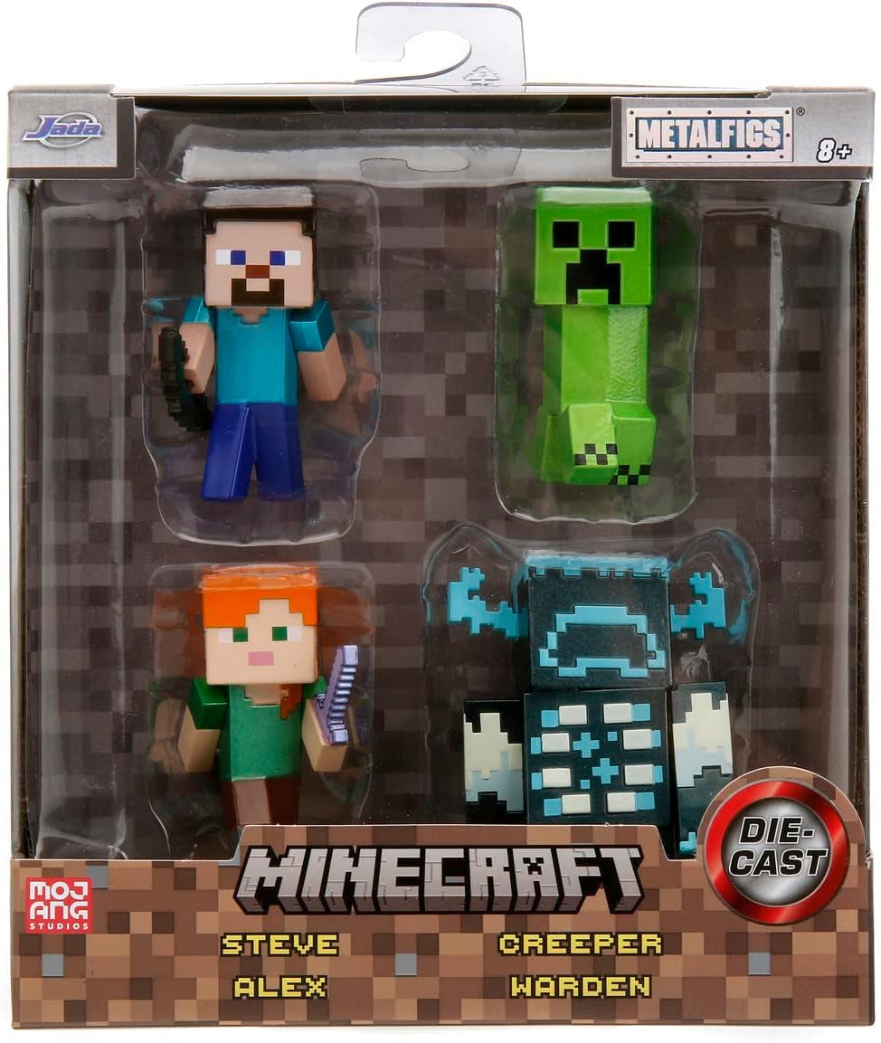 Jada Toys Minecraft figursæt (4 stykker) lavet af metal - Minecraft Caves & Cliffs samlerfigurer (Steve, Alex, Creeper og Warden) Til spillere og samlere 8+ 6 cm hver actionfigurer Naty Shop Standardtitel