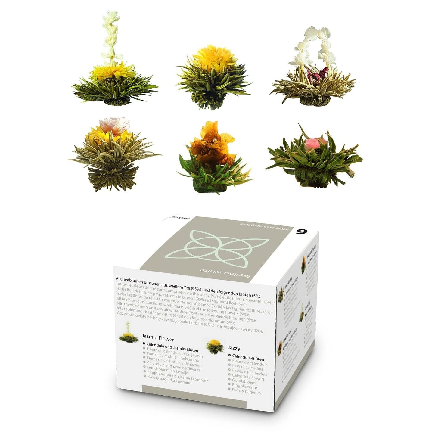 Feelino Elegant 6 stykke blandet æske - Feelino hvide teblomster i en lækker smags- og gaveæske med 6 forskellige hvide te-roser, individuelt vakuumpakket, 1 stk.