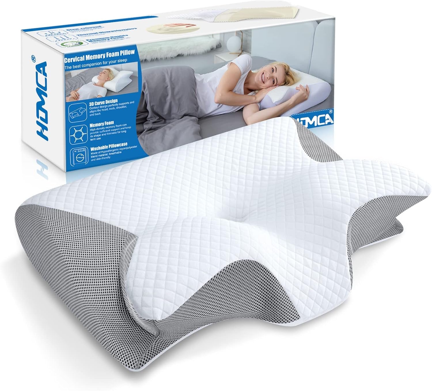 HOMCA Nakkepude Ortopædisk pude 2 i 1 Memory Foam Pude Nakkestøttepude Ergonomisk hovedpude til ryg-, side- og mavesmerter 60 X 13/11 X 40 cm Cervikale ortopædiske puder Naty Shop Grey