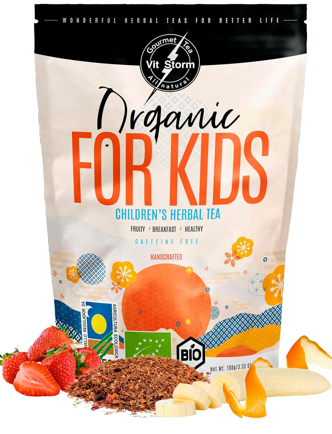 VITSTORM® BIO TEE Mom & Kids - Te til kvinder og ammende - Rooibos, æble, fennikel, citronmelisse, alchemilla, jordbær - Afslappende te - Frugtagtig og lækker - Koffeinfri - Urtete 100 g