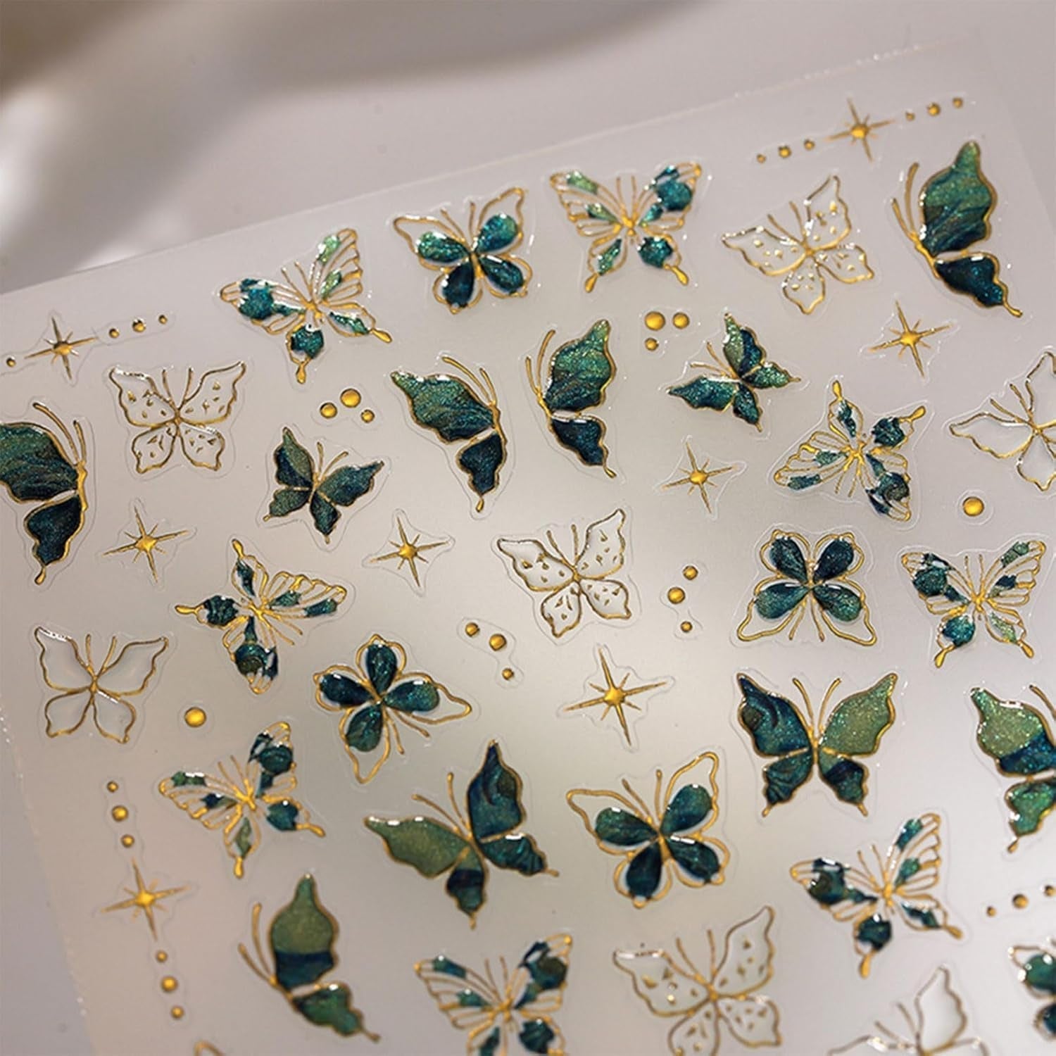 JMEOWIO 3D Nagelsticker Grün Gold Schmetterling Nail Art Sticker Selbstklebend Nagelaufkleber 5D Stereoskopisk Dekoration Nageldesign Tilbehør 1 Blatt