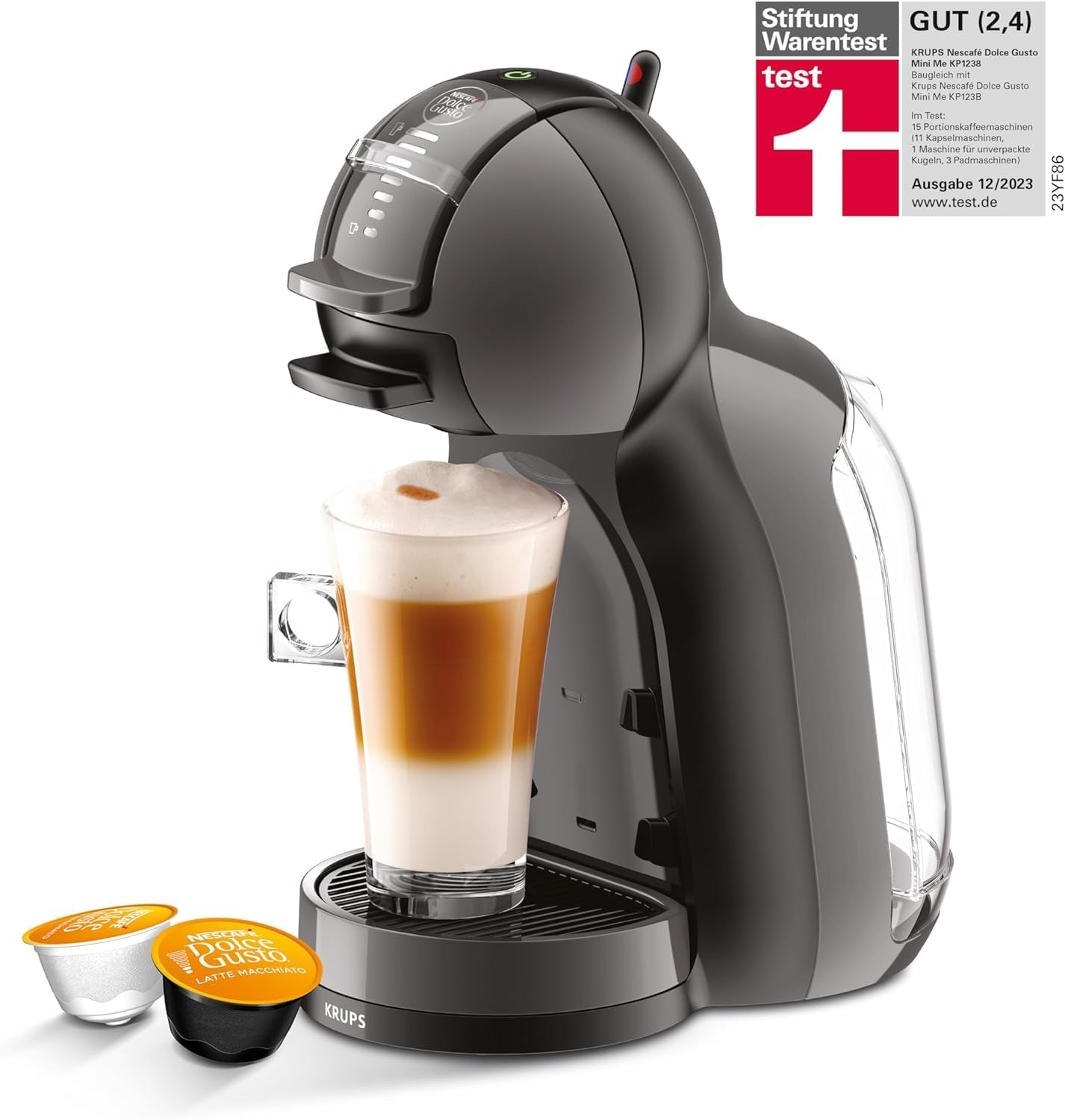 NESCAFÉ DOLCE GUSTO Krups KP1238 Mini Me kaffekapselmaskine, 15 bar, kompakt, højtryks kaffemaskine, over 30 kaffekreationer, valg af drikkestørrelse, sort/antracit mit Dallmayr Prodomo
