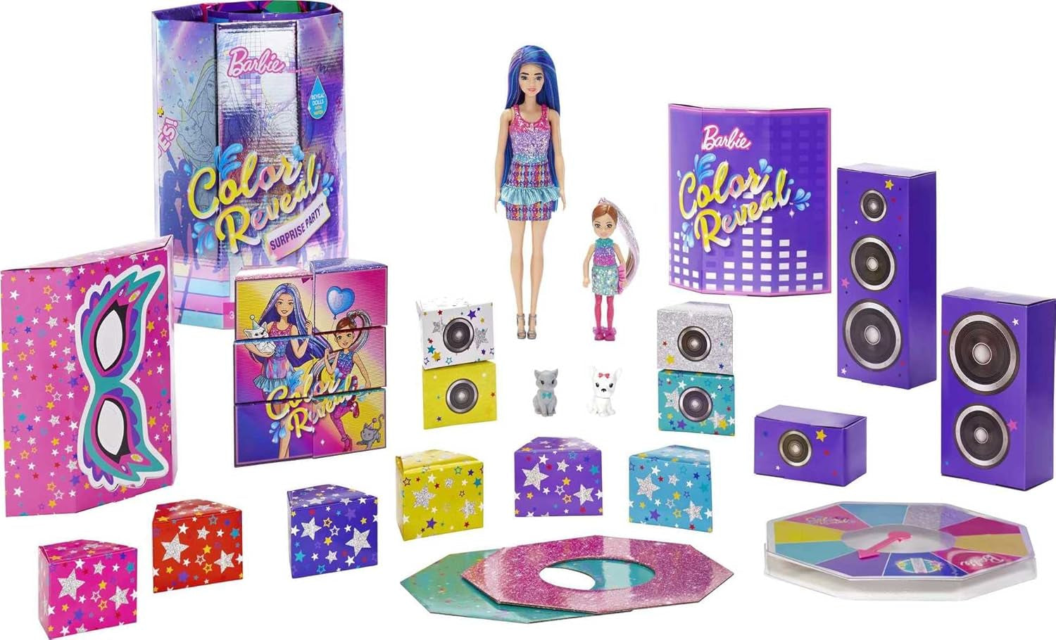 Barbie GXJ88 - Color Reveal Surprise Party, +50 overraskelser: 1 dukke, 1 Chelsea-dukke, 2 dyr, 6 farveændringer, tilbehør og mere, dansefestsæt, legetøjsgave til børn fra 3 år og opefter