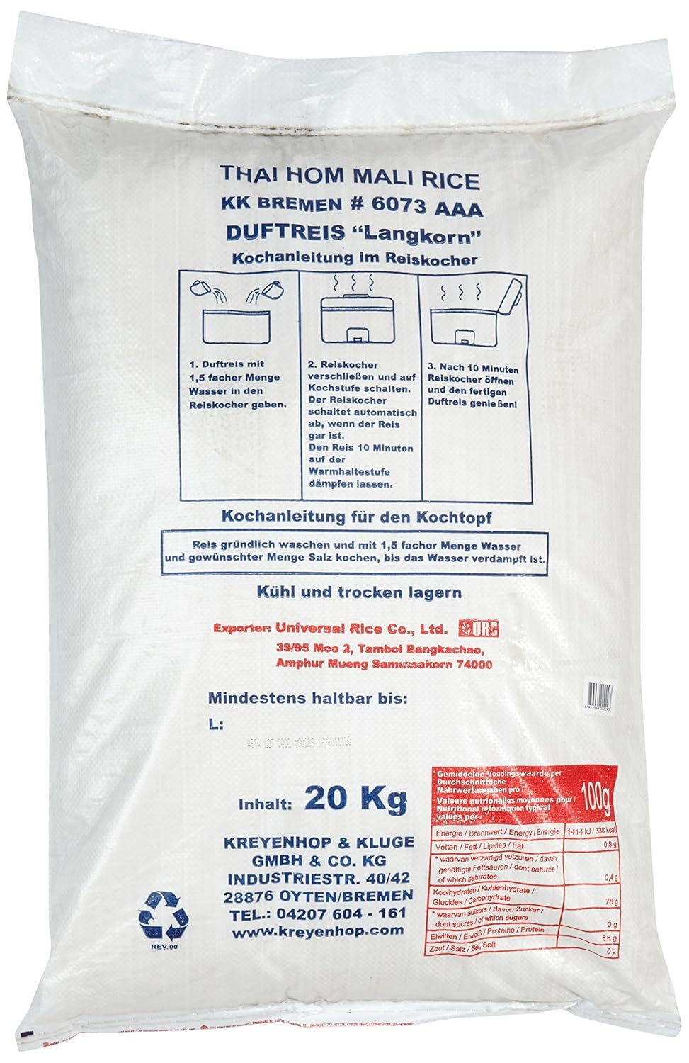 Aroy-D duftende ris, 100% langkornet ris, 1 pakke (1 x 20 kg)