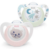 NUK Star Night & Day baby sut 0-6 måneder Glow in the Dark BPA-fri silikone Pink Cat 2 pakke