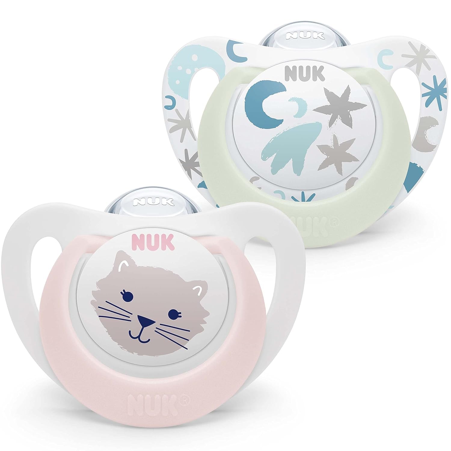 NUK Star Night & Day baby sut 0-6 måneder Glow in the Dark BPA-fri silikone Pink Cat 2 pakke