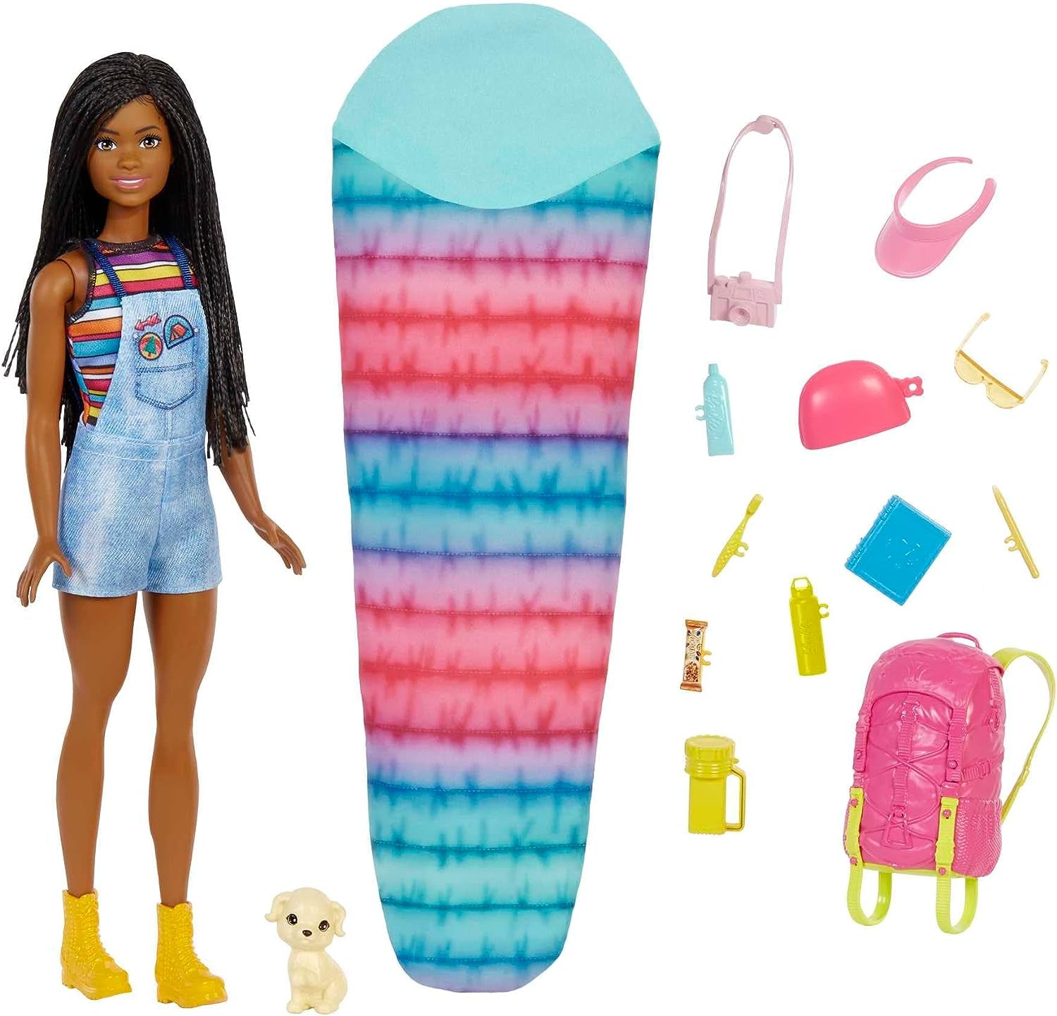 Barbie HDF74 Twin Pack Dukke! Brooklyn Camping Doll (brunette med flettede pigtails, ca. 29 cm) med hvalp, rygsæk, sovepose, 10 campingtilbehør, gave til børn fra 3 år og opefter