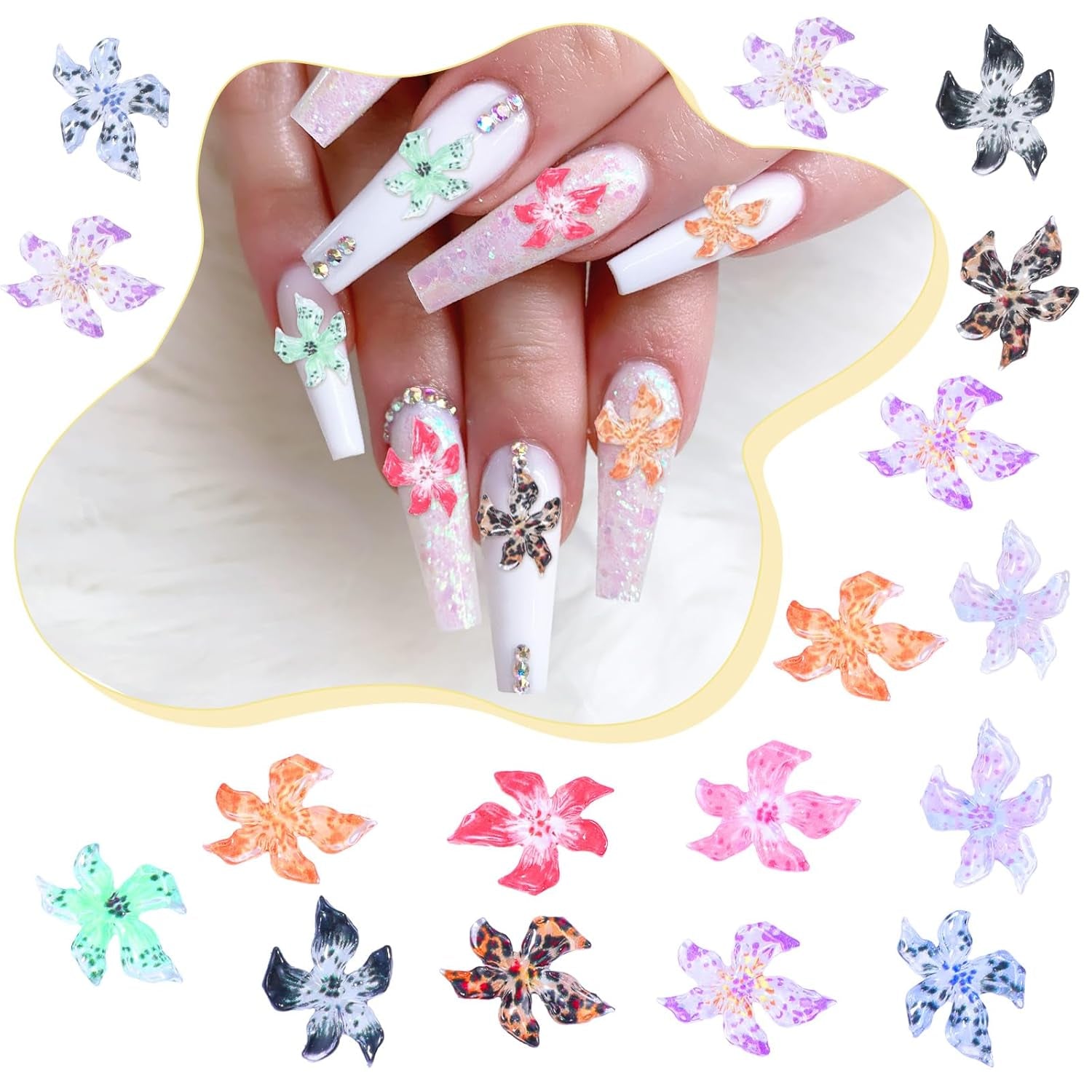 50 stk 3D Blumen Nägel Nail Charms Bunt Gelee Weich Kleber Lilie Flower Blume Nagel Hibiscus Zubehör Nageldesign Eis Kristall Geprägt Farbverlauf Lilien Für Mädchen Frauen Diy Basteldekoration
