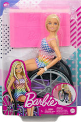Barbie Fashionista dukke, blont hår og regnbue jumpsuit, kørestol og rampe inkluderet, dukkegave til børn, legetøj fra 3 år og opefter, HJT13