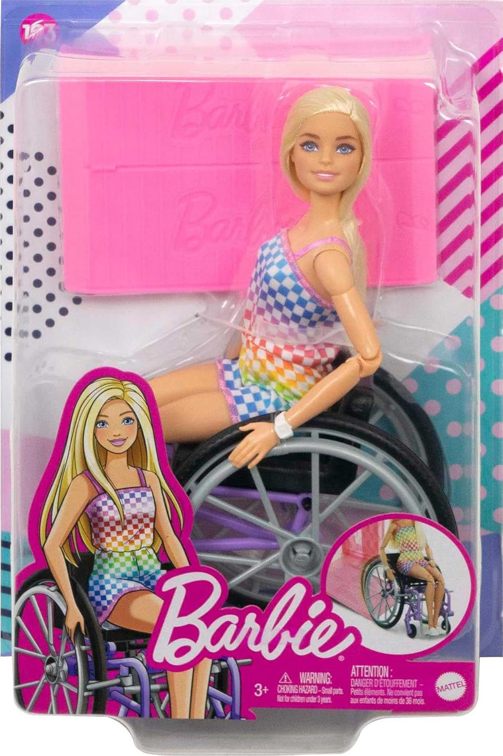 Barbie Fashionista dukke, blont hår og regnbue jumpsuit, kørestol og rampe inkluderet, dukkegave til børn, legetøj fra 3 år og opefter, HJT13