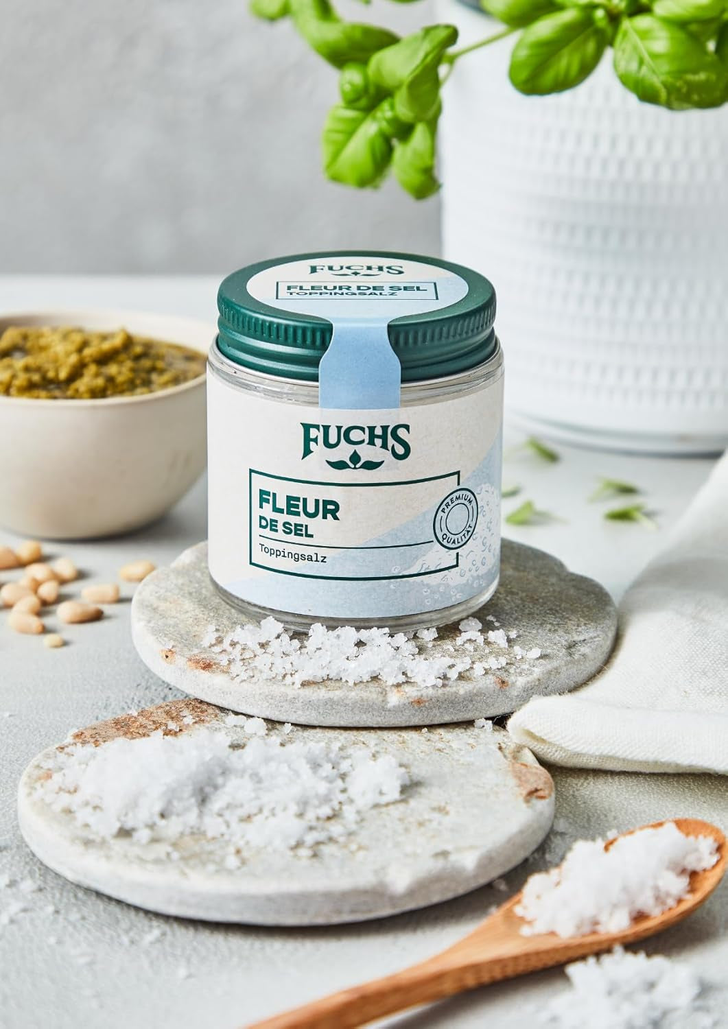 Fuchs Gewürze - Fleur de Sel | Ædelt toppingsalt til asparges, skaldyr og fisk | Meersalz i premium kvalitet 100 g im wiederverschließbaren Gewürzglas