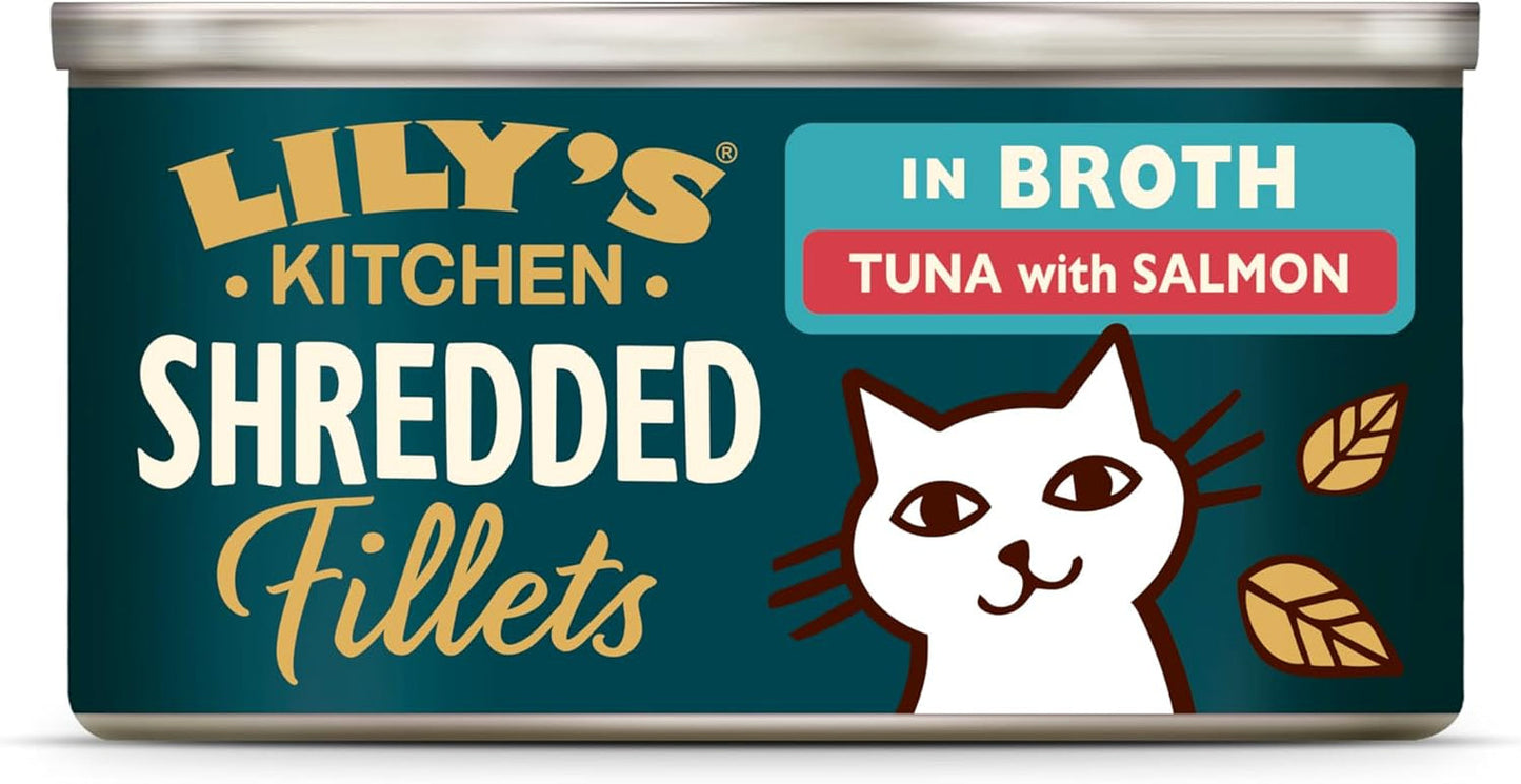 Hakkede fileter i bouillon med tun og laks, tilberedt med naturlige ingredienser, Lily's Kitchen, vådfoder til voksne katte, 70g æske