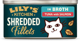 Hakkede fileter i bouillon med tun og laks, tilberedt med naturlige ingredienser, Lily's Kitchen, vådfoder til voksne katte, 70g æske