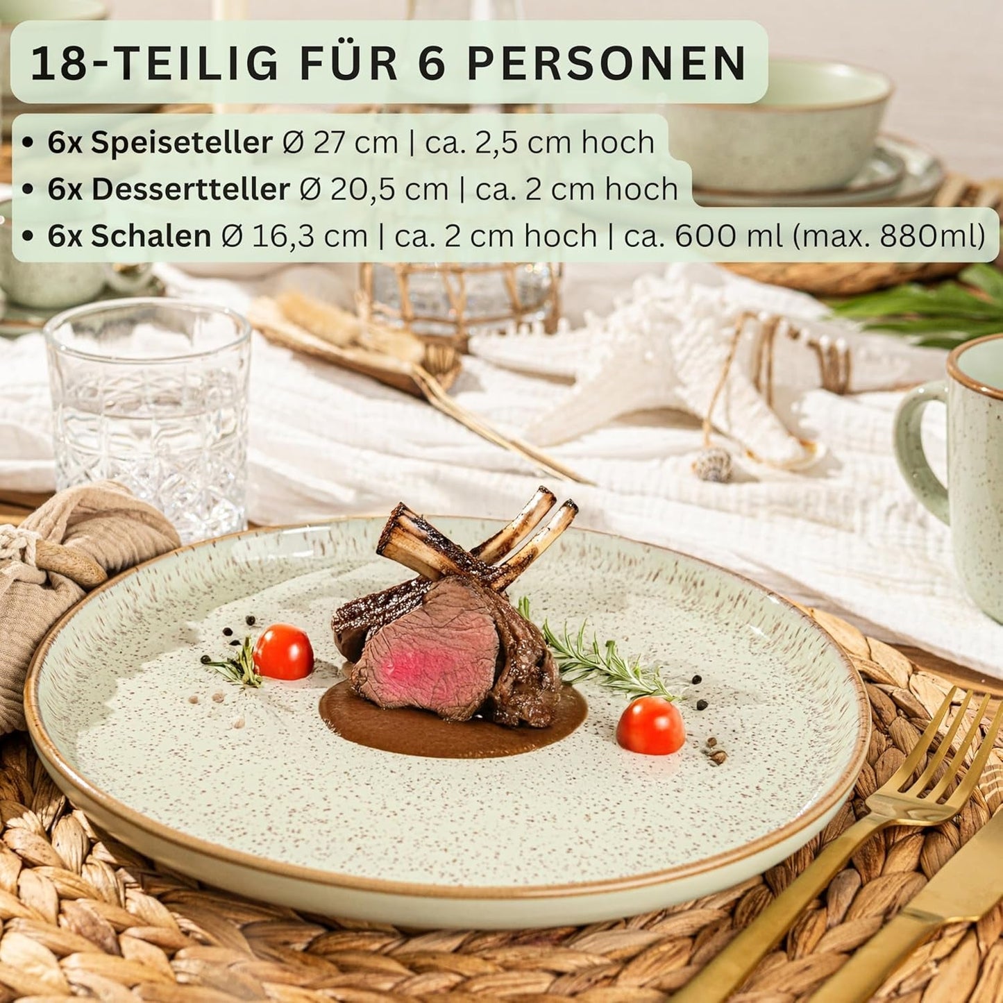SÄNGER Rio Mint | Stentøjsstel til 6, 6 tallerkener, 6 desserttallerkener, 6 skåle, mintgrøn | VÆRDIINDSAMLING