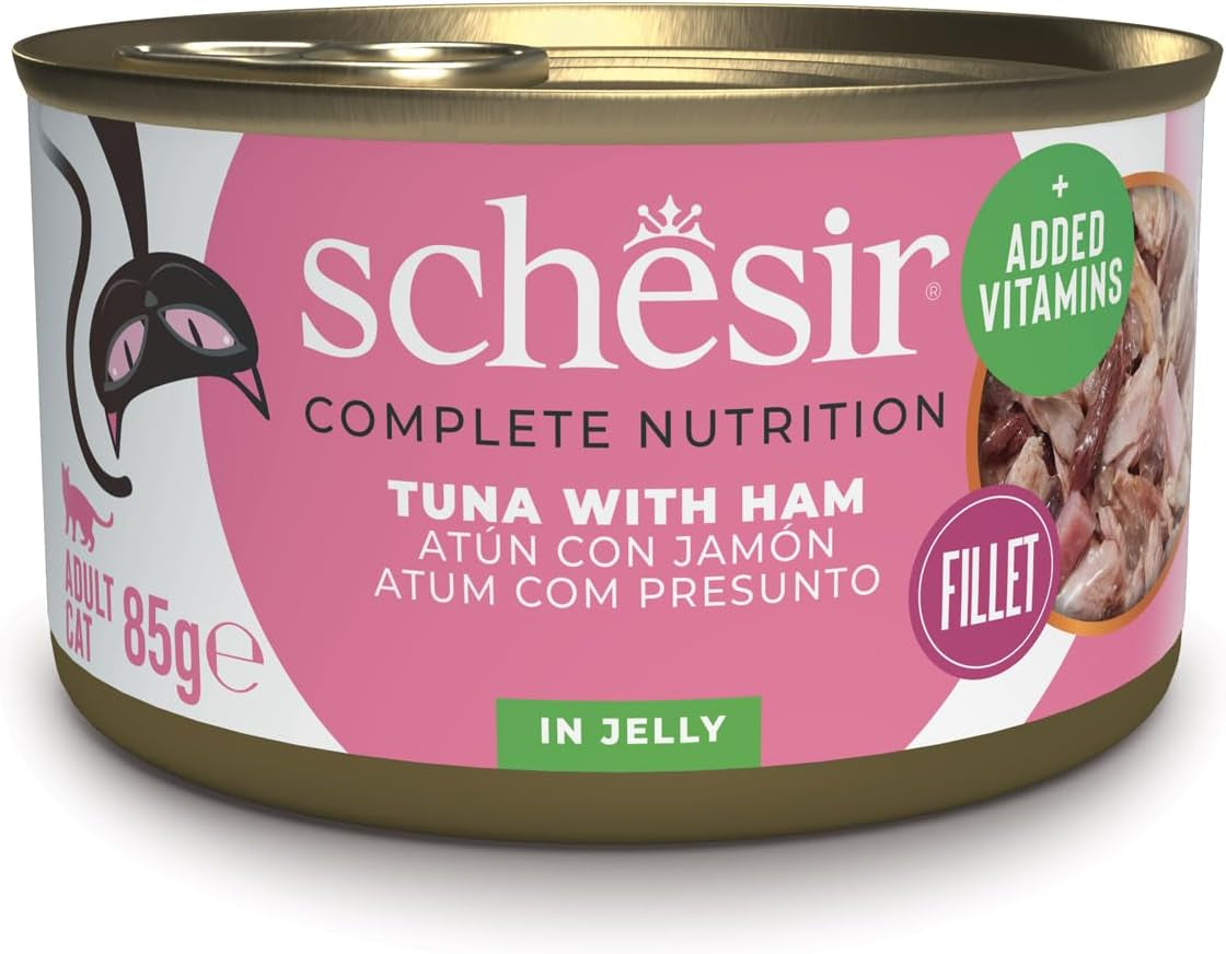 Tun med skinke i gelé, våd kattefoder, dåse, 100% naturlig, tilsat vitaminer, 12 x 85g
