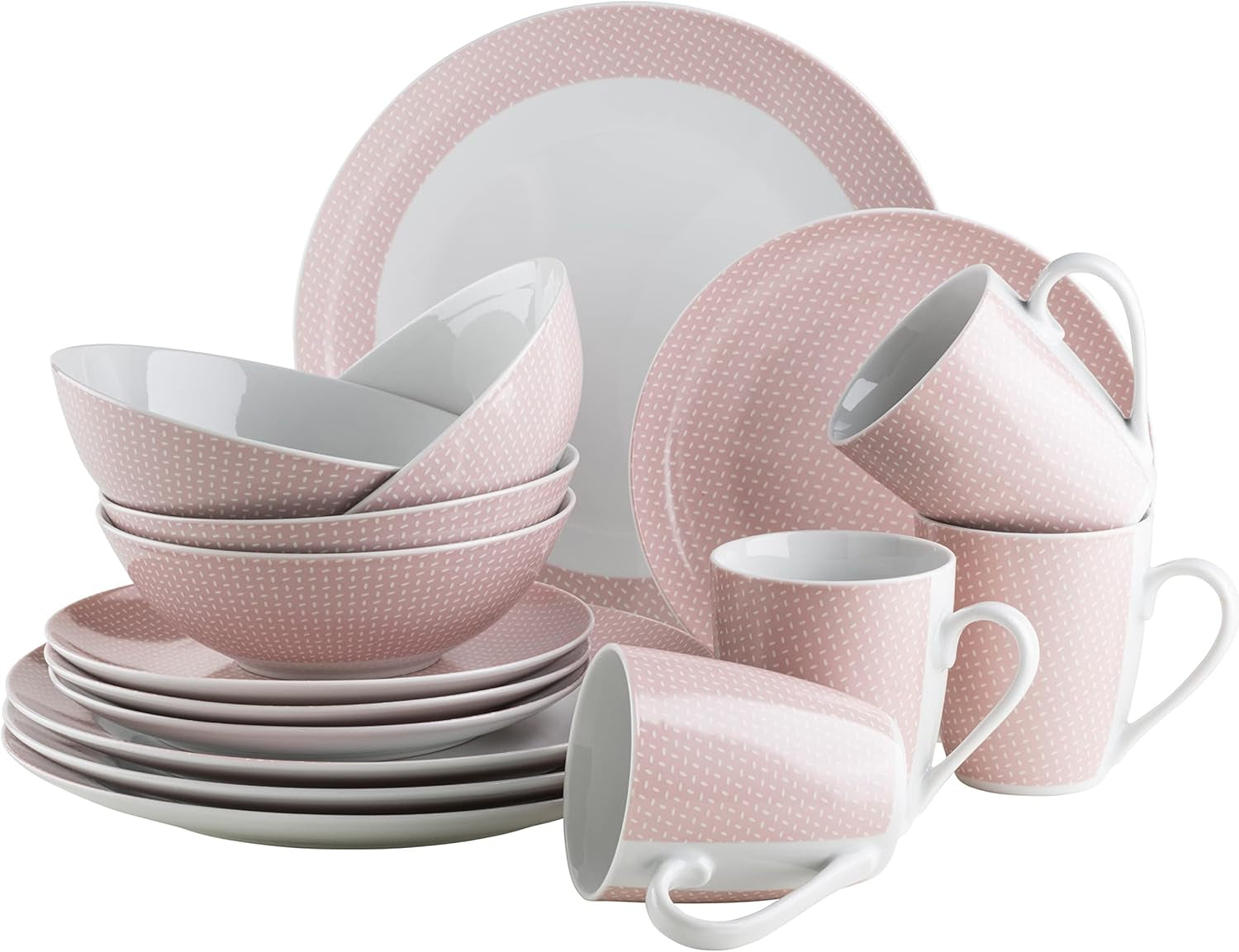 MÄSER Kitchen Time II, Servicesæt til 4, Kombinationsservice med 16 stykker i pastelfarver med diskret mønster, Porcelæn, Pink