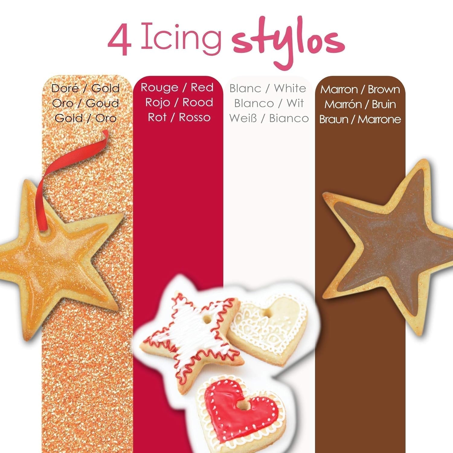 Scrapcooking - 4 stykke tuscher: guld, chokolade, hvid og rød - dekorative spiselige kuglepenne til skrivning og tegning på desserter, kager og kiks