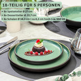 SÄNGER Greenwich | Stentøjsstel, 18 stykker, tallerkensæt til 6, porcelænssæt (6 middagstallerkener, 6 desserttallerkener, 6 skåle), grøn, ridsefast, porcelæn | VÆRDIINDSAMLING
