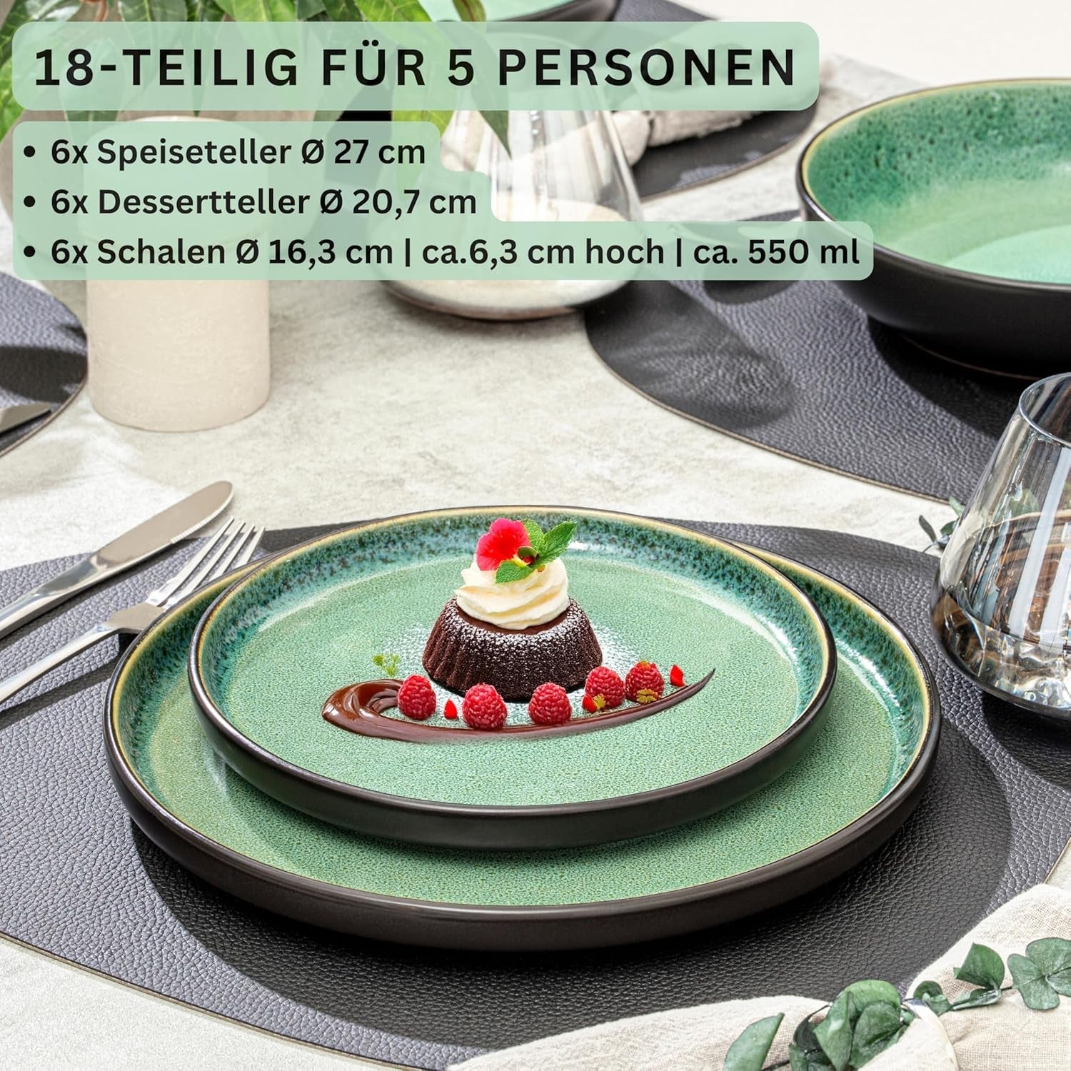 SÄNGER Greenwich | Stentøjsstel, 18 stykker, tallerkensæt til 6, porcelænssæt (6 middagstallerkener, 6 desserttallerkener, 6 skåle), grøn, ridsefast, porcelæn | VÆRDIINDSAMLING