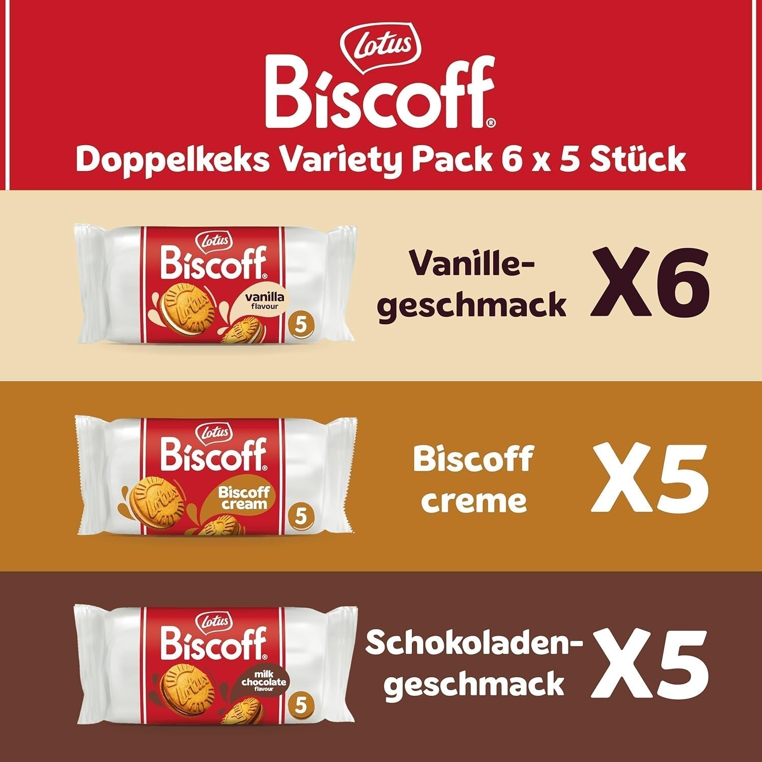 Lotus Biscoff | Dobbelt kiks Variety Pack | 3 varianter: Biscoff creme, vanilje og chokolade smag | 5 dobbeltkiks pr. pakke | Ingredienser af naturlig oprindelse | Ingen farvestoffer | 16 x 50 g | 800 g