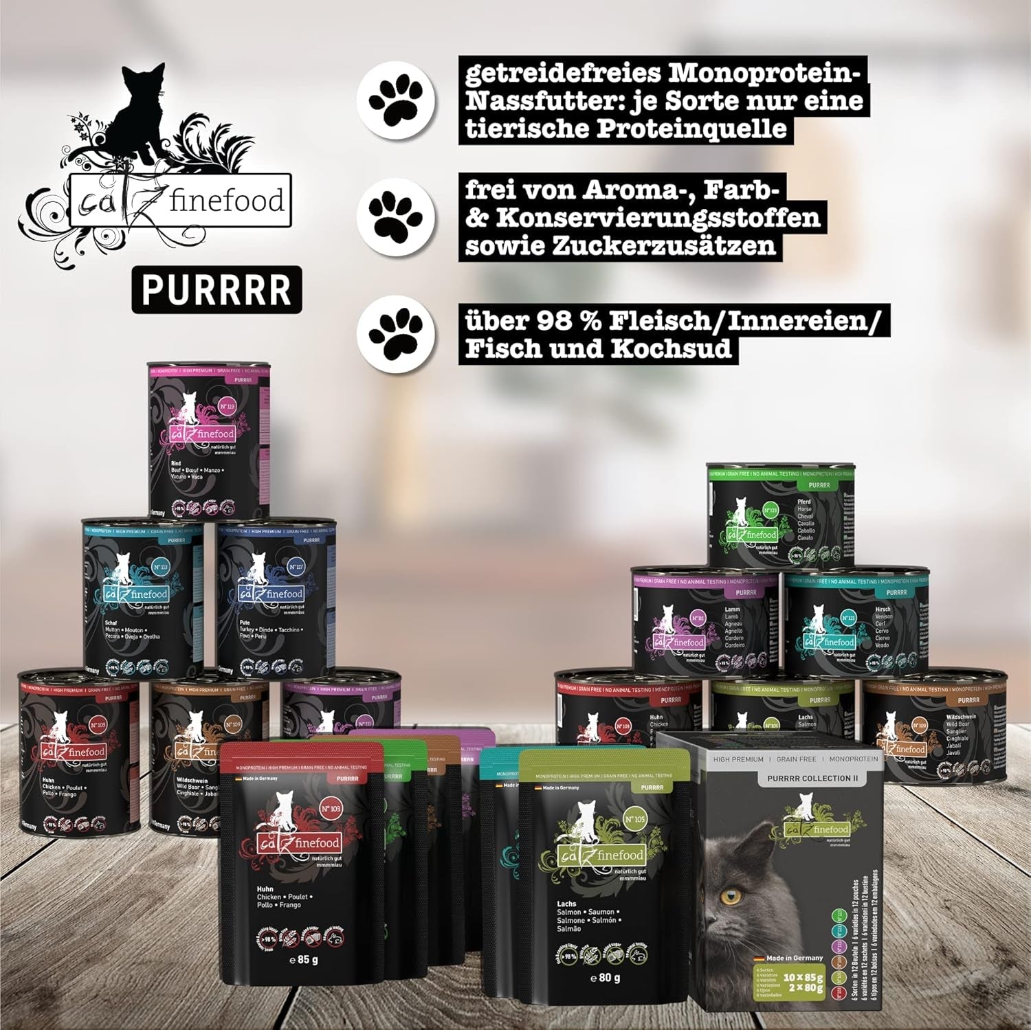Catz Finefood Purrrr Collection I - Monoprotein våd kattefoder - Kornfri, Sukkerfri, Hypoallergen - Højt kødindhold - Multipak våd kattefoder - i poser, 85 g (12 pakker)