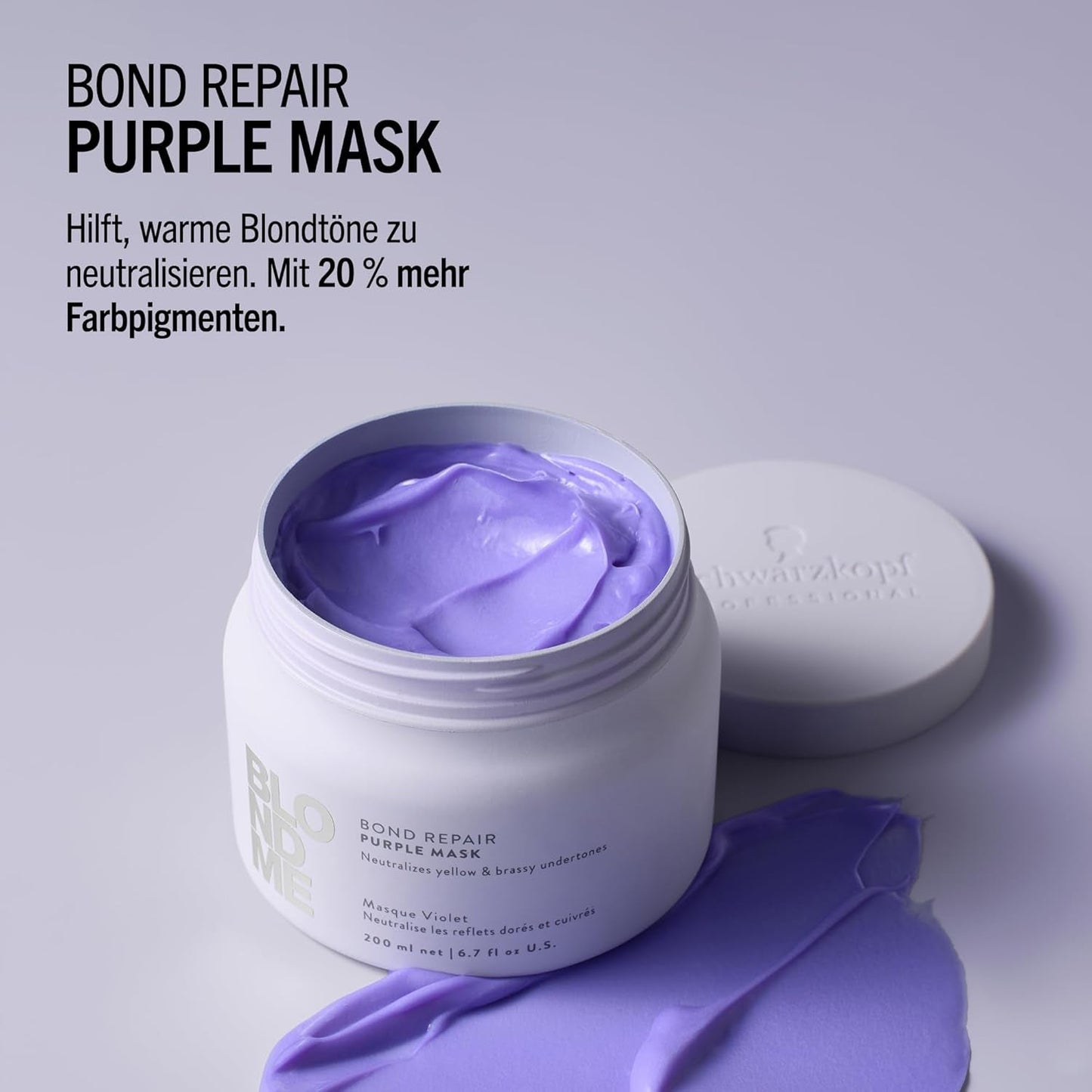 Schwarzkopf Professional BLONDME Bond Repair Purple Mask Mask til køligt hår Neutraliserer gule toner til farvet, bleget og lyst hår Dybt plejende og styrkende 200 ml Hårmaske Naty Shop