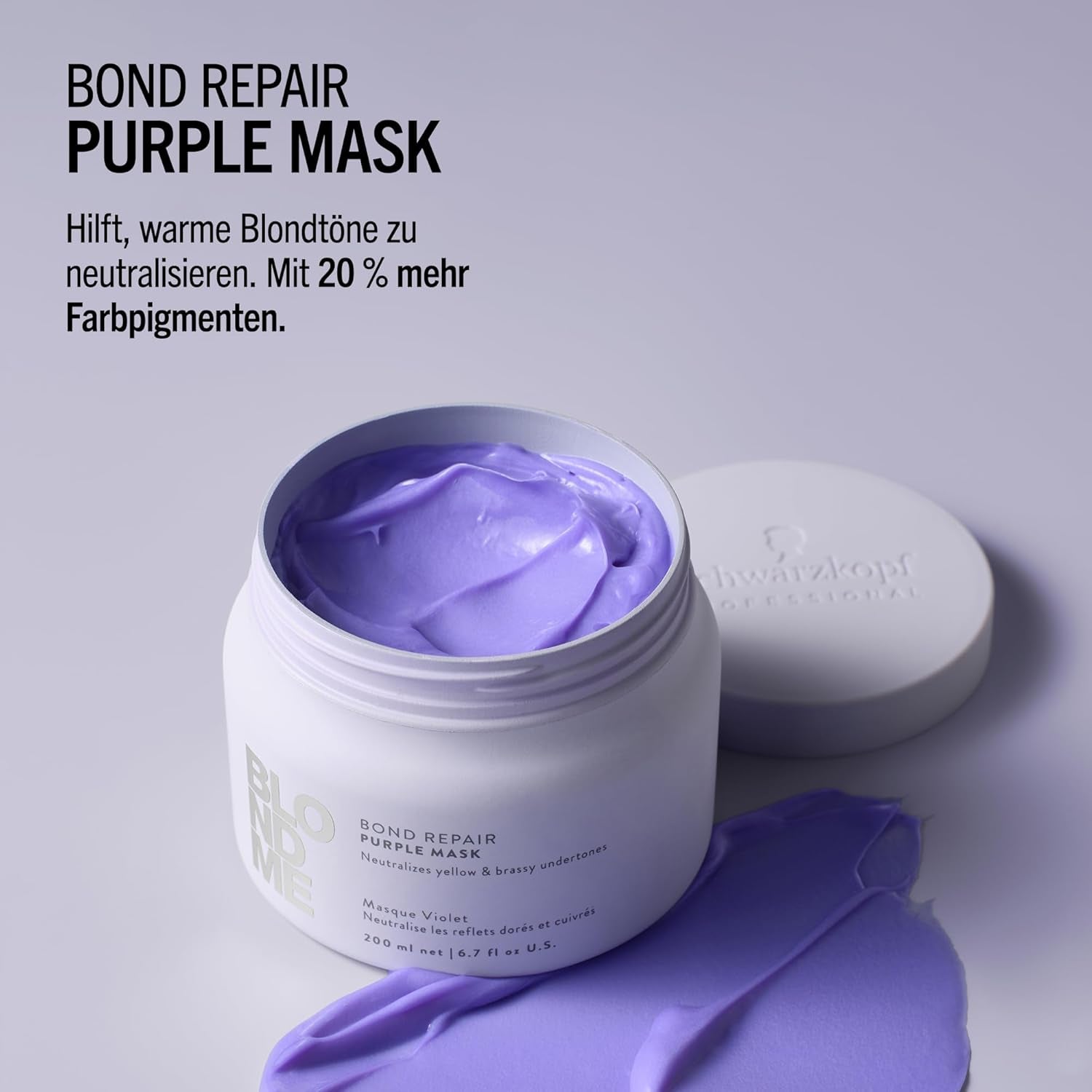 Schwarzkopf Professional BLONDME Bond Repair Purple Mask Mask til køligt hår Neutraliserer gule toner til farvet, bleget og lyst hår Dybt plejende og styrkende 200 ml Hårmaske Naty Shop