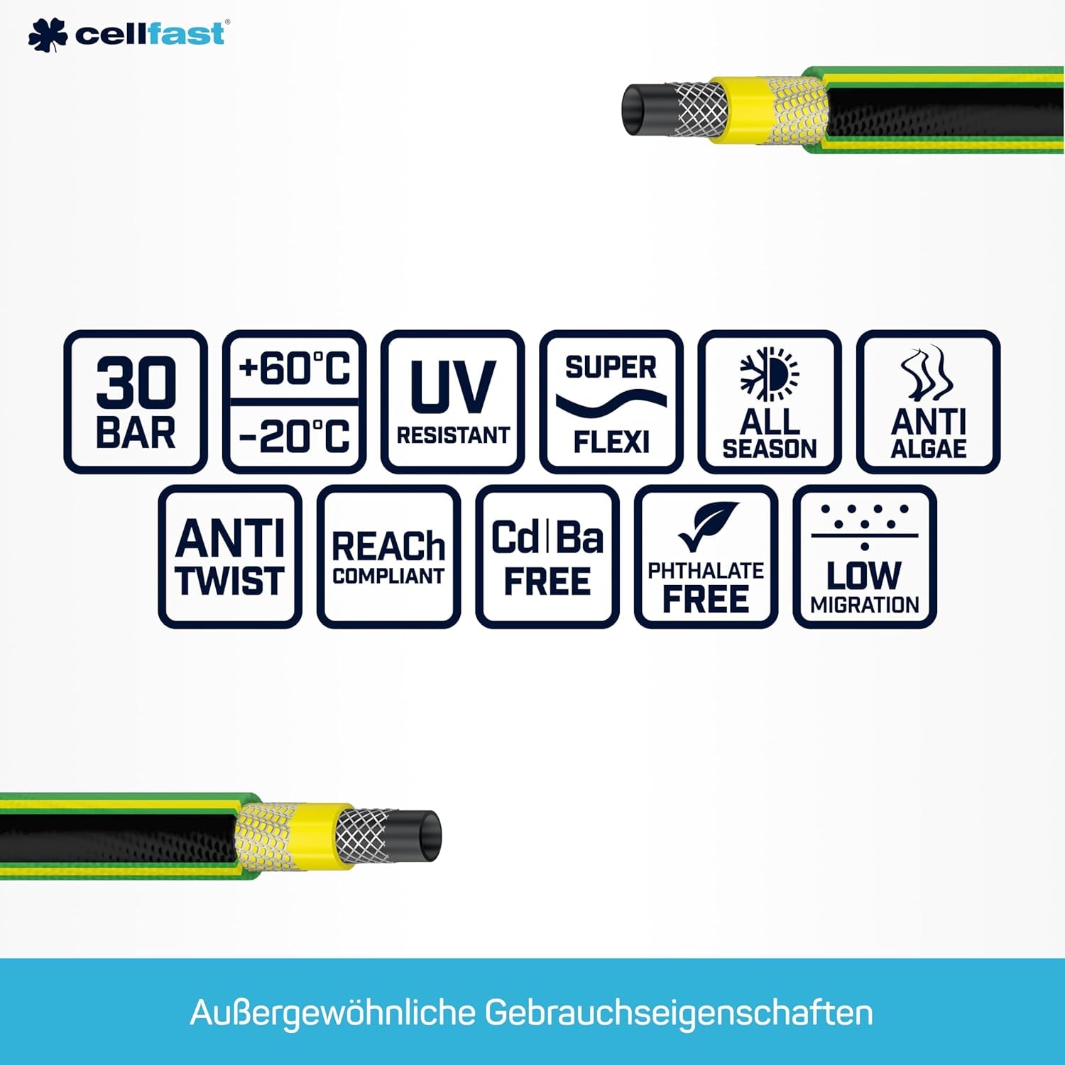 CELLFAST Haveslange 5-lags vandslange Dobbelt flettet grænseoverskridende vandingsslange UV-resistent Anti-Alge Fleksibel 30 Bar 3,4 Tommer 50 Meter Grøn