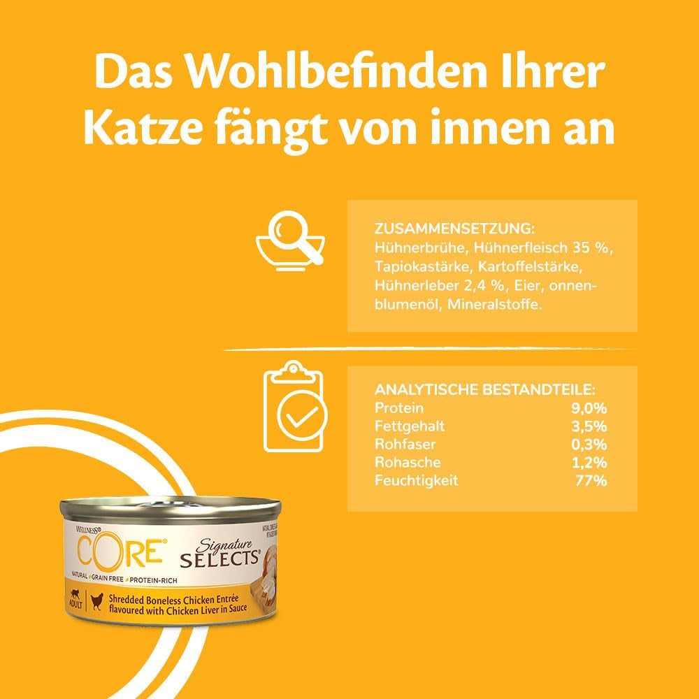 Wellness CORE Signature Selects 8 x 79 g, kylling og kalkunblanding - våd kattefoder, lækre strimler i sauce, kornfri, naturlig, allergivenlig, høj i protein, høj i kød