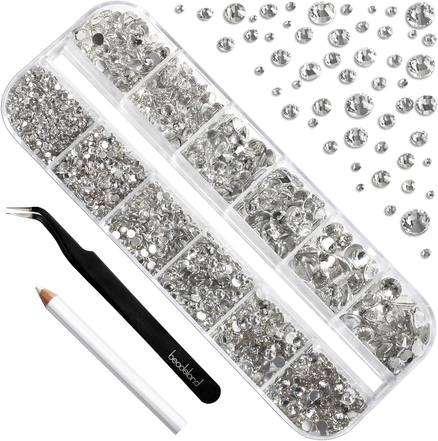 Beadsland 2500 stk Glas Nailart Strasssteine ​​​​Kristall Flatback Edelsteine ​​​​Runde, ​​Für Handwerk Gemischt 8 Größen SS4 ~ SS30 Mit Picking Pinzette Und Stift (Kristall Weiss)