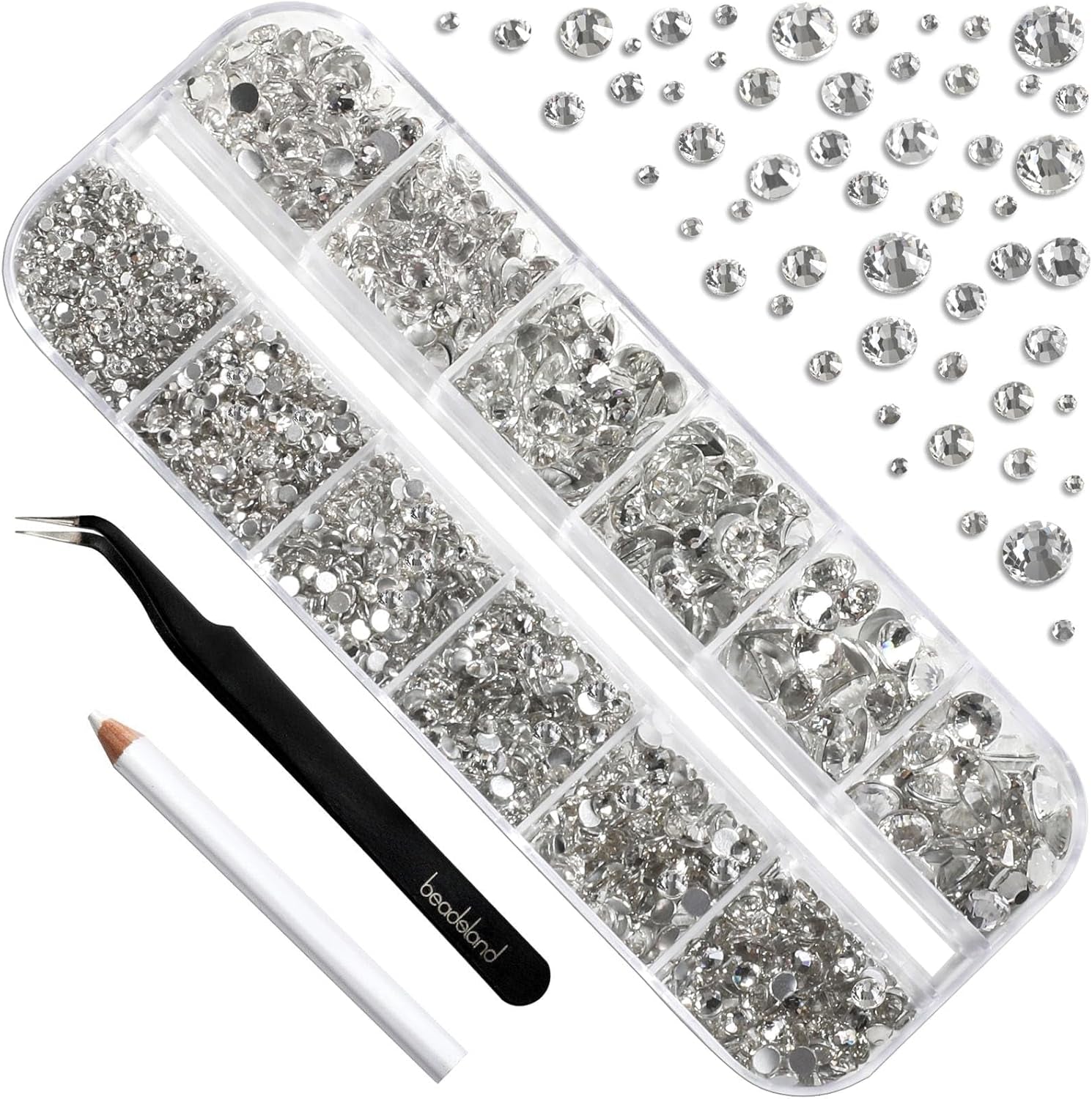 Beadsland 2500 stk Glas Nailart Strasssteine ​​​​Kristall Flatback Edelsteine ​​​​Runde, ​​Für Handwerk Gemischt 8 Größen SS4 ~ SS30 Mit Picking Pinzette Und Stift (Kristall Weiss)