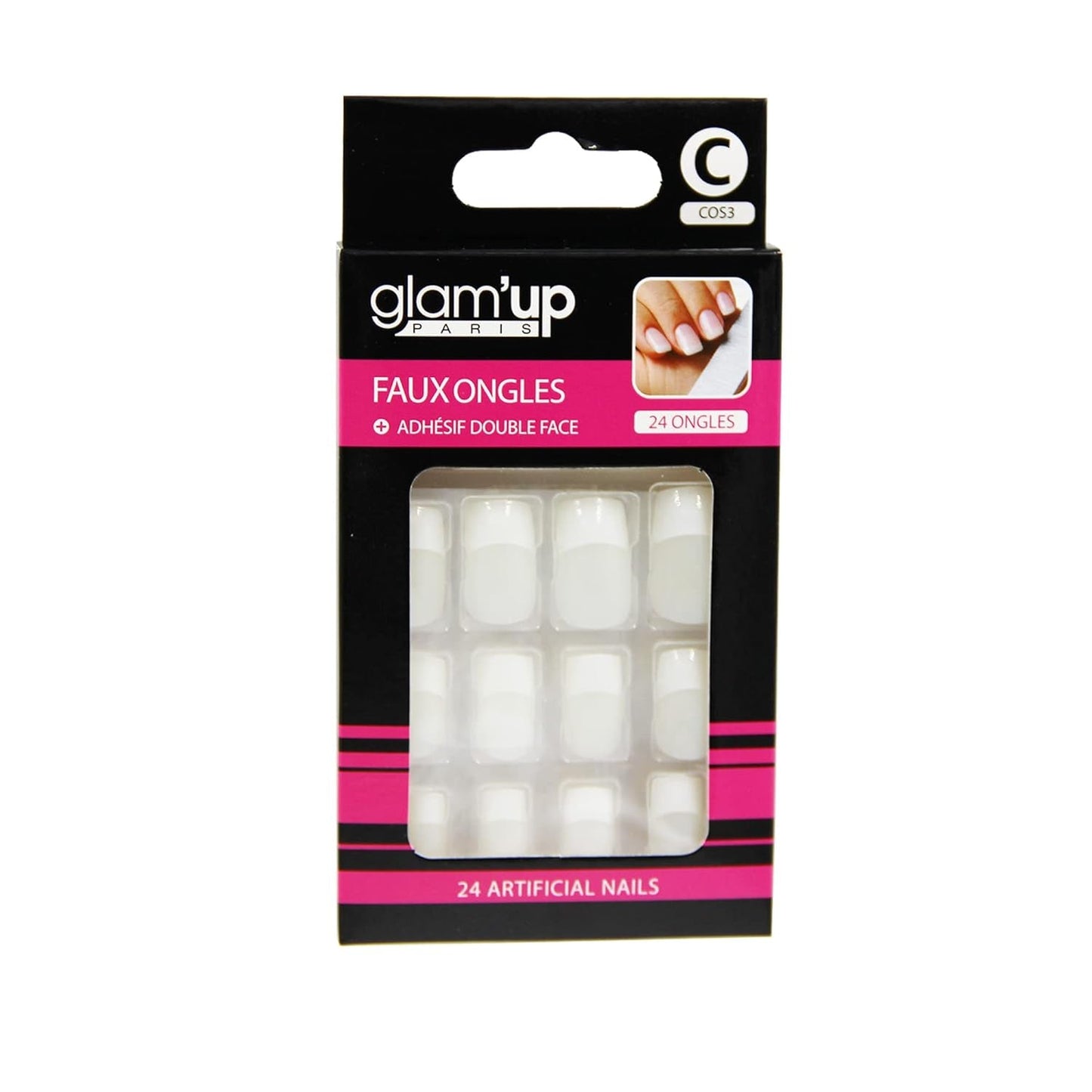 Glam'Up Paris – Falske negle – Fuld dækning – Nem at bruge – 24 falske negle pr. æske + dobbeltklæbende tape – XL firkantet form – nr. 3 – fransk manicure, hvid