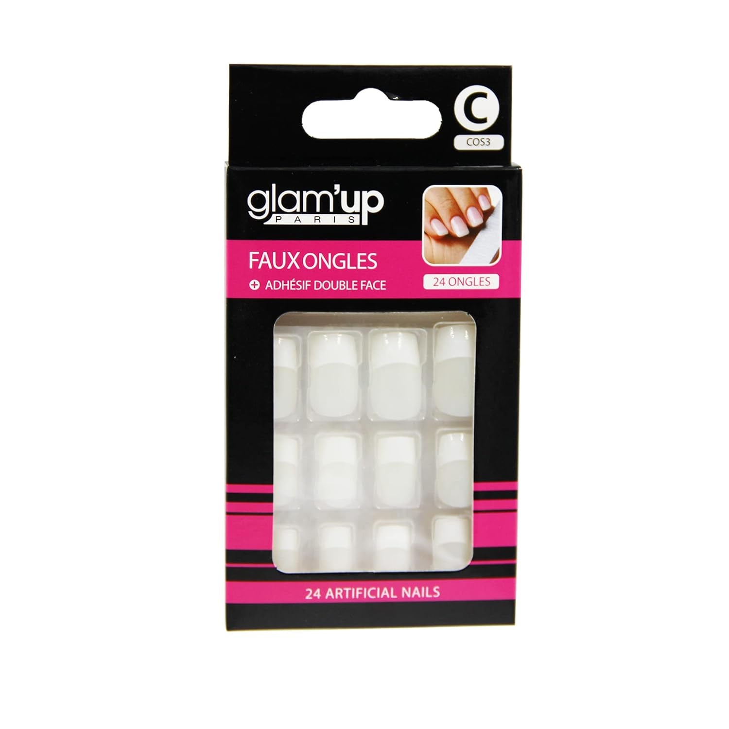 Glam'Up Paris – Falske negle – Fuld dækning – Nem at bruge – 24 falske negle pr. æske + dobbeltklæbende tape – XL firkantet form – nr. 3 – fransk manicure, hvid