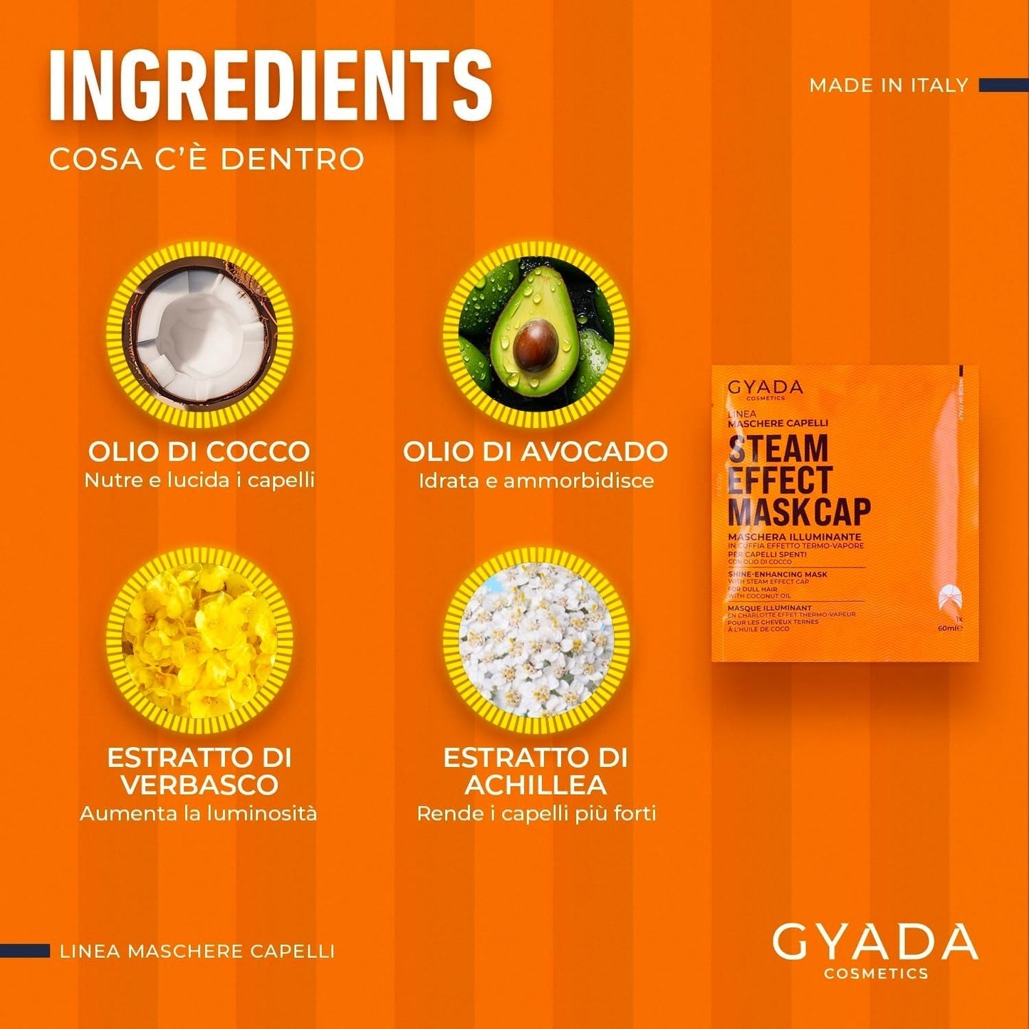 GYADA COSMETICS, hårmaske lavet af let og revitaliserende materiale, giver glans og blødhed, nærende og reparerende effekt, med termohætte, baseret på kokosolie og avocado, 60 ml Naty Shop hårmaske