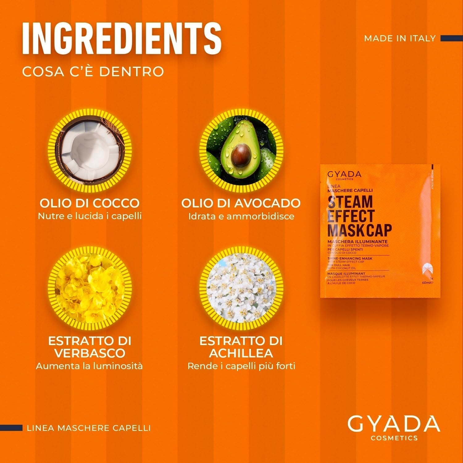 GYADA COSMETICS, hårmaske lavet af let og revitaliserende materiale, giver glans og blødhed, nærende og reparerende effekt, med termohætte, baseret på kokosolie og avocado, 60 ml Naty Shop hårmaske