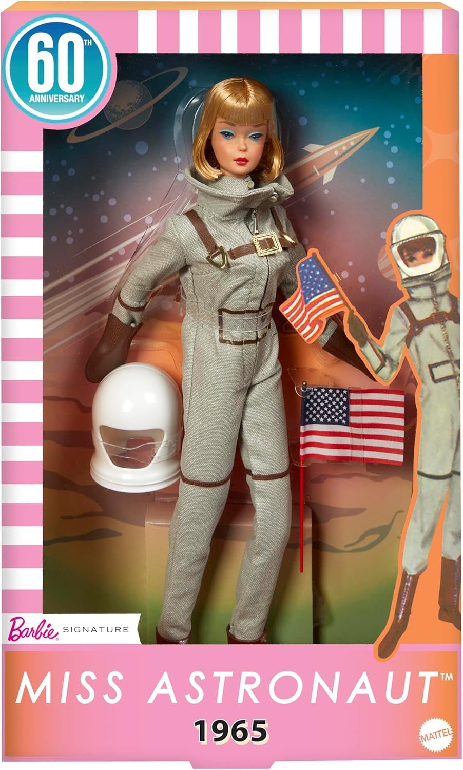 Mattel Barbie Miss Astronaut samlerdukke med sølvdragt, rumstøvler og hjelmtilbehør, vintage gengivelse af originalen 1965, JBJ48 Naty Shop Dolls standardtitel