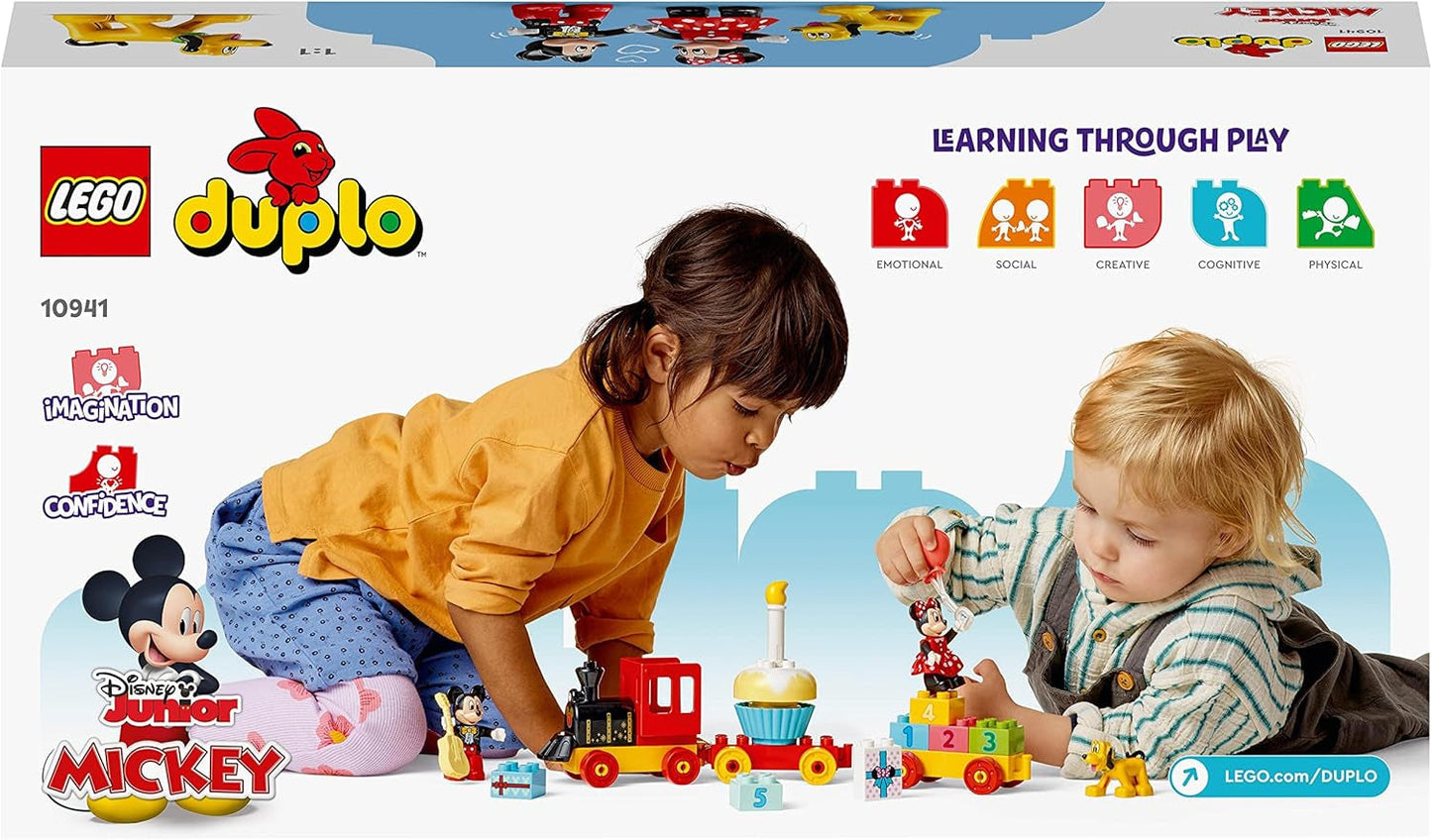 LEGO 10941 DUPLO Disney Mickey og Minnie fødselsdagstog, legetøjstog med kage og balloner, gave til børn 2 år og ældre Byggesæt Besuche den LEGO-Store