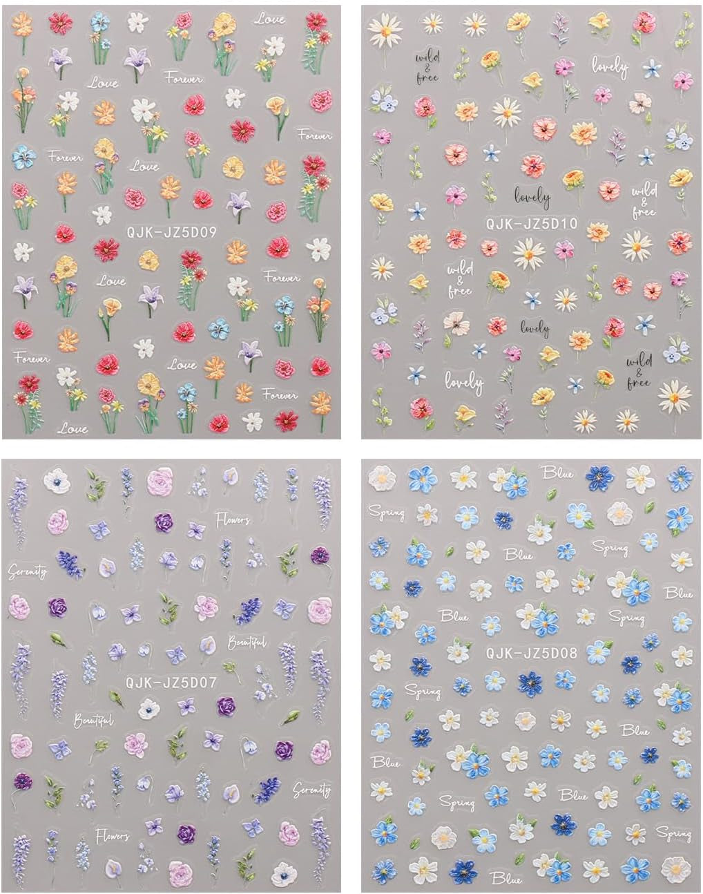 JMEOWIO 3D Nagelsticker Blumen Nail Art Sticker Selbstklebend Nagelaufkleber 5D Stereoskopisk Frühling Sommer Blumen Dekoration Nageldesign Zubehör 4 Blatt