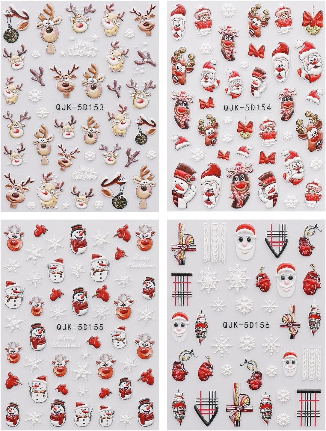 JMEOWIO 3D Nagelsticker Weihnachten Nail Art Sticker Selbstklebend Nagelaufkleber 5D Stereoskopisk Schneeflocke Xmas Winterurlaub Niedlich Dekoration Nageldesign Zubehör 4 Blatt