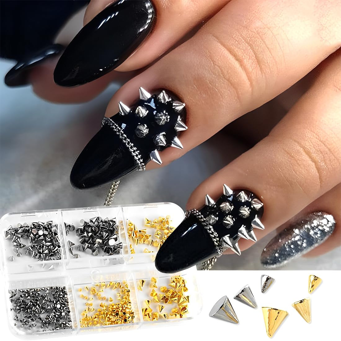 Mini Metall Nieten Punk Nail Charms Guld Silber Strasssteine ​​Nägel Charm Kegel Spikes Nagelschmuck Glitzersteine ​​Nail Art Studs Nagel Steine ​​Legierung Nagelanhänger Rhinestones Nageldesign Zubehör