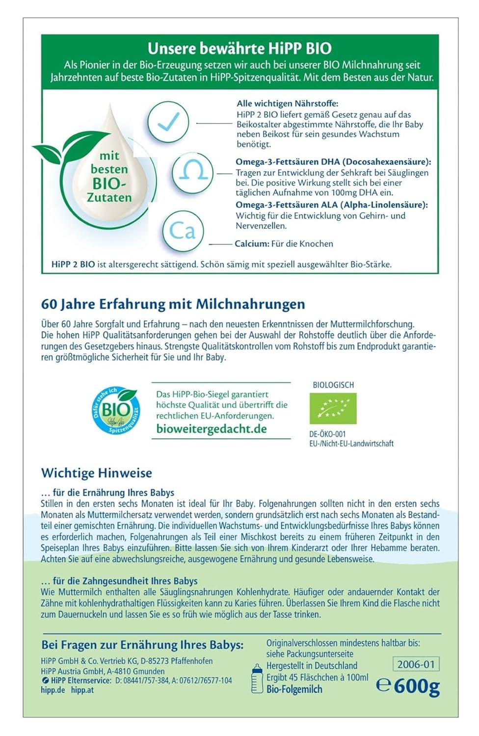 HiPP 2 Økologisk tilskudsmælk (4 x 600g), efter 6 måneder, med Omega-3 (DHA, ALA), calcium og lettilberedt økologisk stivelse, af bedste økologiske kvalitet