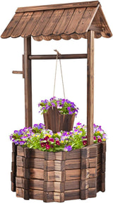 Træfontæne 56x56x114cm med tag, Ønskebrønd, Havedekoration, Urtepotter, Dekorativ springvand, Urtepotter, Brun