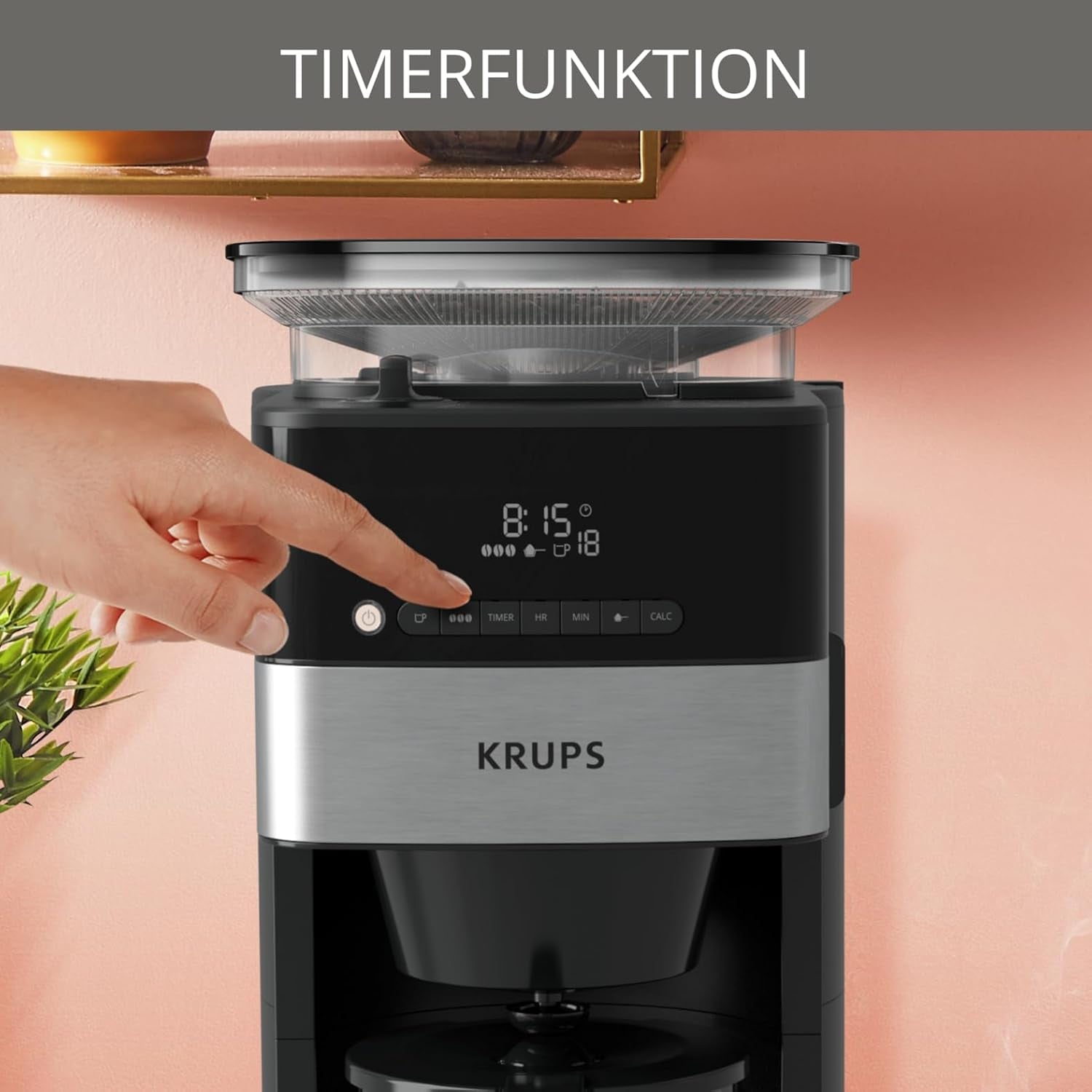 Krups Espressomaskine KM8328 Kværn med kværn | 24 timers timer | Kornbeholder 180 g | Kapacitet 1,25 l til op til 15 kopper kaffe | Autosluk funktion | 3 maleindstillinger | Sort