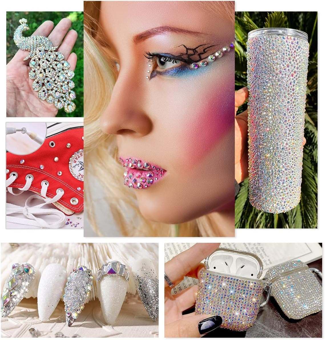 2630 stk AB krystal mousserende sten til negle, 120 12 typer store mousserende sten + 2510 6 størrelser runde K9 glassten til negle, rhinsten, negledesign, negle charms til ansigtskunst