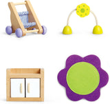 Hape babyværelse - trædukkeværelsessæt, babydukkemøbler, tilbehør til småbørn dukkehus, miniature babyværelse med gynge og tilbehør, 3 år gammelt rollespil