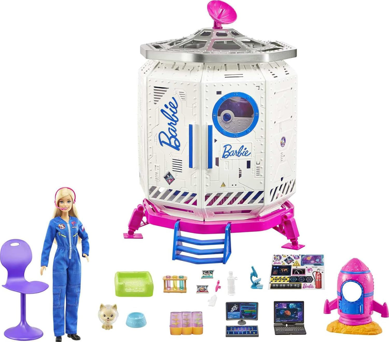 Barbie GXF27 - Space Station Space Adventure, Space Doll, Hvalp, Workstation, Space Scenes, 20 tilbehør, gavelegetøj til børn fra 3 år og opefter