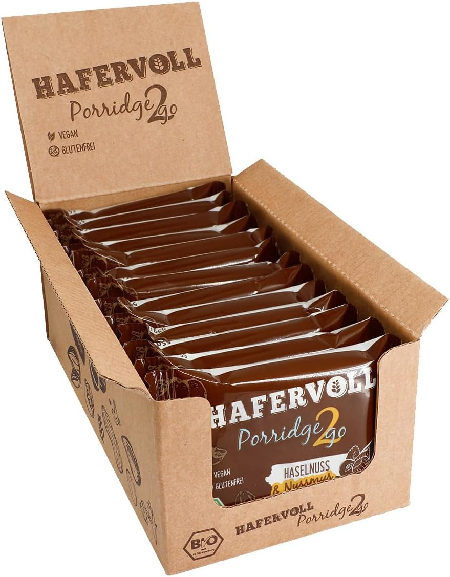 Hafervoll Porridge2go jordnøddesmør og nødder, 13 barer x 55 g - vegansk, økologisk, glutenfri, uden tilsat sukker snack, med havre, dadler og quinoaslik