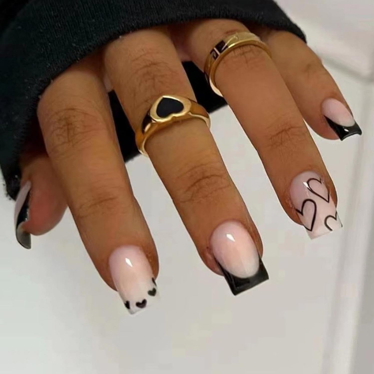 24stk Kort Firkantet Fransk Spids Falske Negle Hvidt Hjerte Design Sort Akryl Negle Full Cover