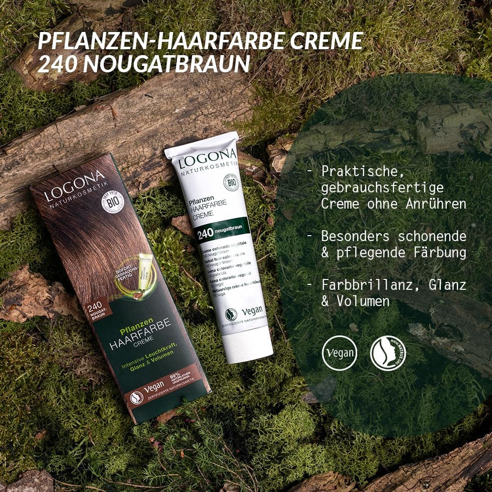 LOGONA Natural Cosmetics Plant Hair Color Cream 240 Nougat Brown, Naturlig farvestof til brunt hår med henna, farvecreme til brune toner, farvning til mørkt hår, 150ml Hårfarve Naty Shop