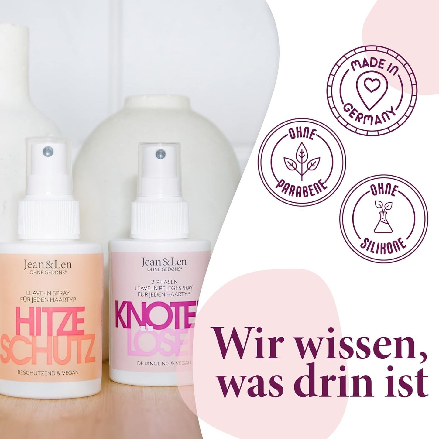 Jean & Len Knot Remover 2-Phase Leave-In Conditioning Spray, velegnet til alle hårtyper, affiltrer hår og forbedrer kambarhed, frisk duft, udfiltring, silikone- og parabenfri, vegansk, 100ml Detangling-produkter Naty Shop